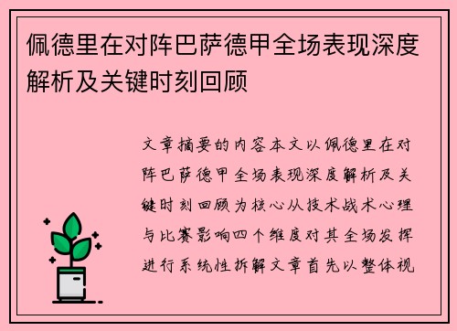 佩德里在对阵巴萨德甲全场表现深度解析及关键时刻回顾